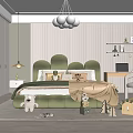 Kids Room with Green Cloud Headboard Striped Wallpaper White Pendant Lights Desk Shelves Stuffed Toys