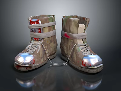 Camouflage Daily Wear Boots With Silver Toe Caps White Laces And Red Accents 3d model