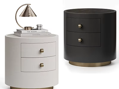Modern Round Nightstands White Black With Brass Handles And Storage Drawers 3d model