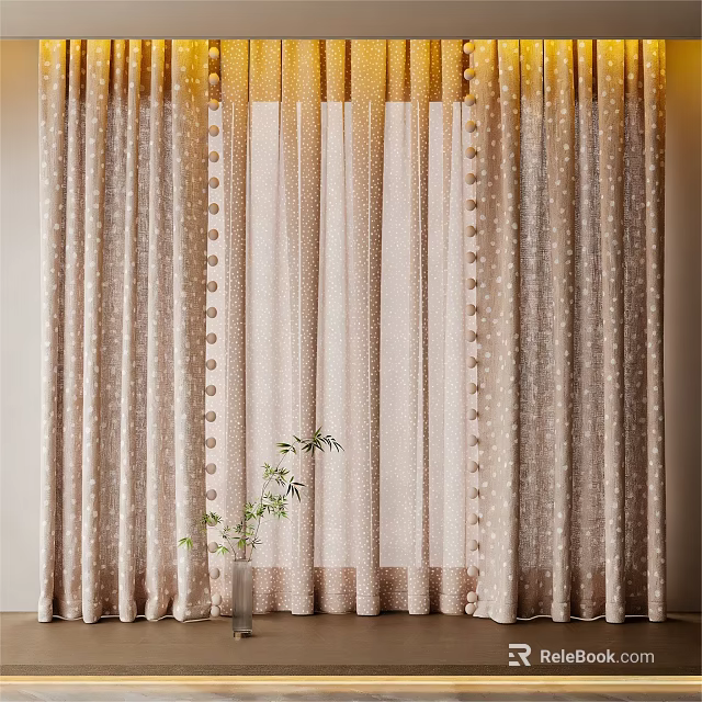 Elegant Beige Curtain With Polka Dots Pom Poms Sheer Inner Layer And Green Plant 3d model 