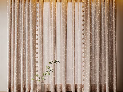 Elegant Beige Curtain With Polka Dots Pom Poms Sheer Inner Layer And Green Plant 3d model