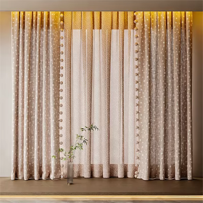 Elegant Beige Curtain With Polka Dots Pom Poms Sheer Inner Layer And Green Plant 3d model