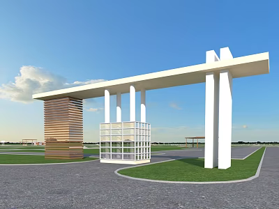 Modern White Entrance Gate Design With Wooden Texture Transparent Grille Green Lawn And Blue Sky 3d model