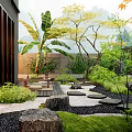 Japanese Style Garden With Orange Maple Tree Wooden Bridge And Stone Path Greenery
