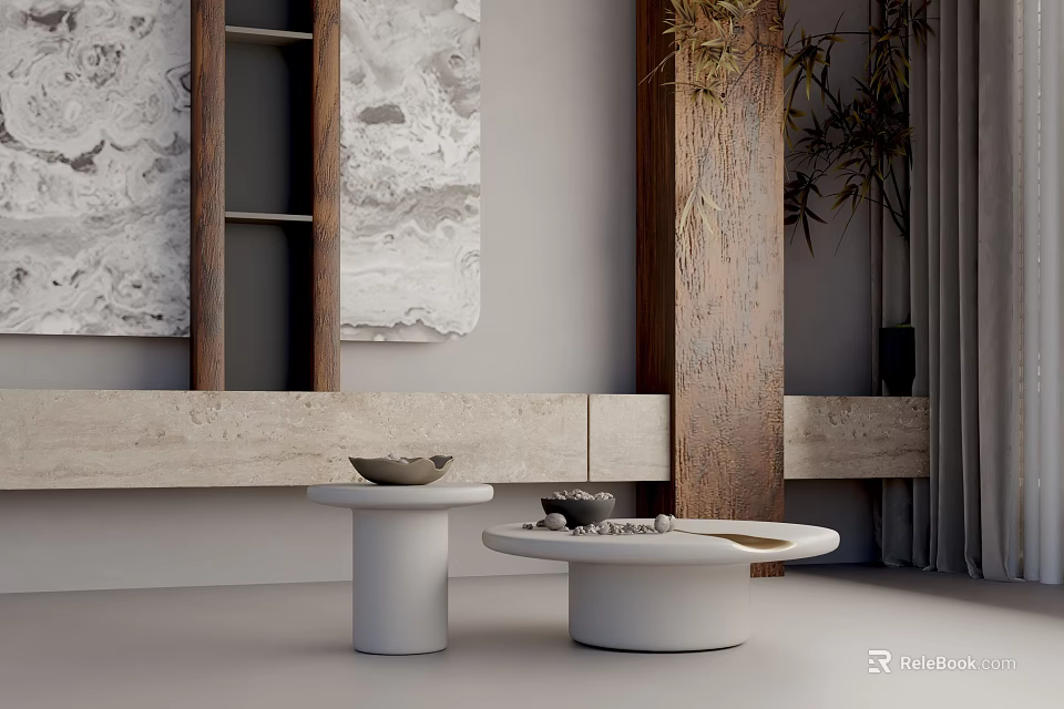 Modern White Round Coffee Tables With Marble Wall And Wooden Decor Elements 3d model 