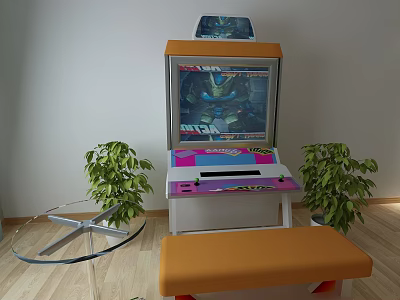 Cozy Recreational Area With Arcade Machine Glass Table Orange Bench And Green Plants 3d model