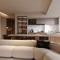 Modern Living and Dining Room Interior With Large Windows City View Beige Sofa And Wooden Elements