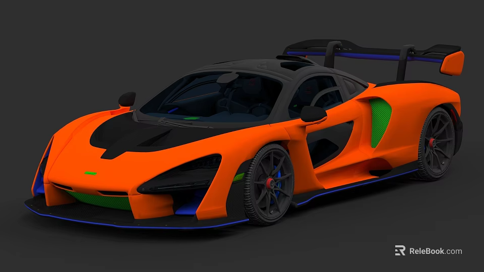 Orange Sports Car With Black Green Accents And Rear Spoiler Design 3d model 