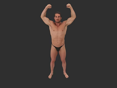 Shirtless Muscular Man Flexing Biceps With Raised Arms And Black Underwear 3d model