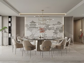 New Chinese Restaurant Box Background Wall Round Dining Table and Chair Hotel Box 3d model