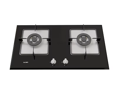 Double Burner Gas Stove with Black Glass Panel and Knob Controls for Kitchen 3d model