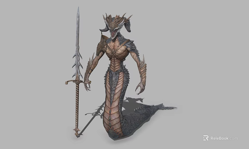 Fantasy Game Movie Character With Horned Head Serpent Tail Scaled Body And Sharp Sword 3d model 