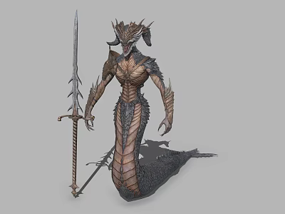 Fantasy Game Movie Character With Horned Head Serpent Tail Scaled Body And Sharp Sword 3d model