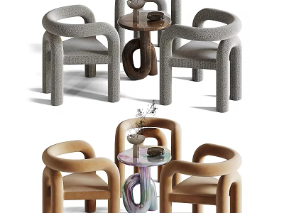 Contemporary Table and Chair Set with Gray Beige Chairs Curved Armrests Round Tables and Decorative Vase 3d model