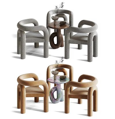 Contemporary Table and Chair Set with Gray Beige Chairs Curved Armrests Round Tables and Decorative Vase 3d model