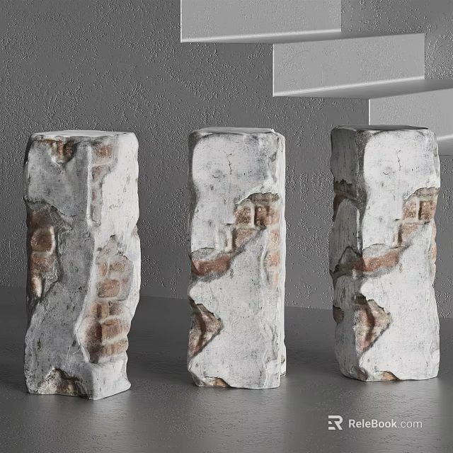 Three Architectural Columnar Structures With Brick Texture And Peeling White Coating 3d model 