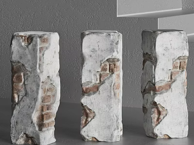 Three Architectural Columnar Structures With Brick Texture And Peeling White Coating 3d model