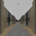 Elegant Hotel Corridor with Wooden Walls Warm Lighting Patterned Carpet and Room Number Signs