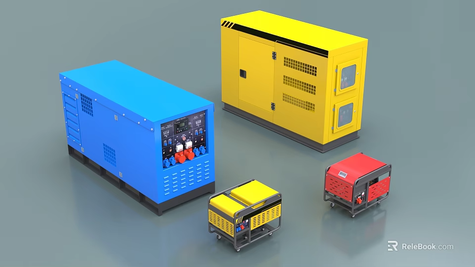 Industrial Generators In Blue Yellow Red Colors With Different Sizes And Power Features 3d model 