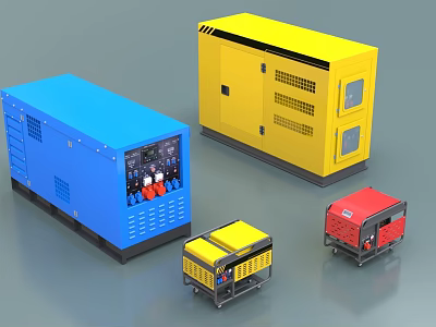 Industrial Generators In Blue Yellow Red Colors With Different Sizes And Power Features 3d model