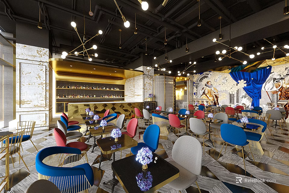 Modern Bar Interior Design With Open Layout Colorful Chairs Art Mural Chandeliers And Marble Tabletops 3d model 