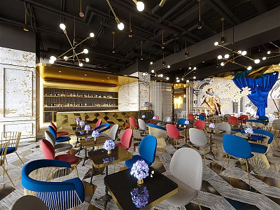 Modern Bar Interior Design With Open Layout Colorful Chairs Art Mural Chandeliers And Marble Tabletops 3d model