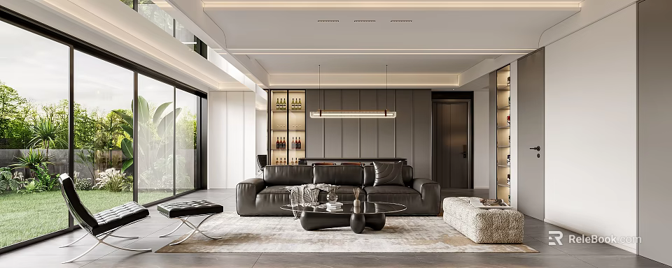 Modern Living and Dining Room with Black Leather Sofa Glass Coffee Table and Gray Carpet 3d model 