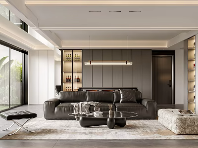 Modern Living and Dining Room with Black Leather Sofa Glass Coffee Table and Gray Carpet 3d model