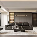 Modern Living and Dining Room with Black Leather Sofa Glass Coffee Table and Gray Carpet