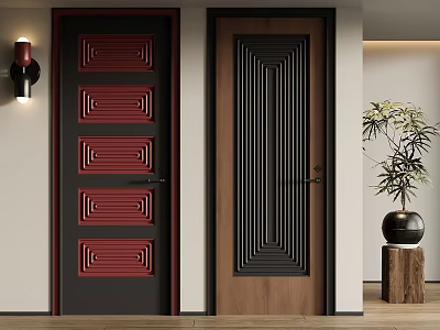 Stylish Red And Brown Swing Doors With Rectangular Panels Vertical Stripes Dark Frames And Potted Plant 3d model