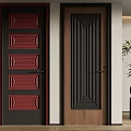 Stylish Red And Brown Swing Doors With Rectangular Panels Vertical Stripes Dark Frames And Potted Plant 3d model