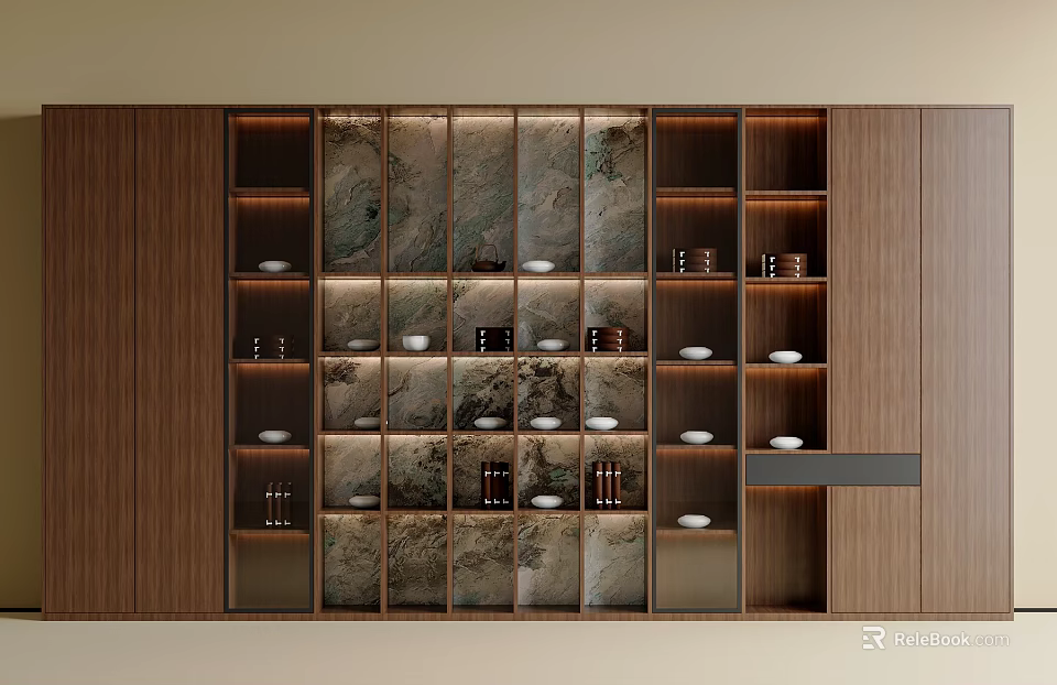 Modern Wooden Tea Cabinet with Marble Backdrop Layered Shelves and Tea Sets 3d model 