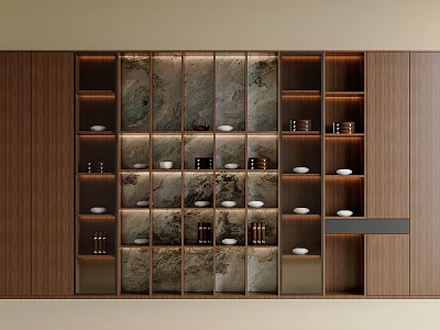 Modern Wooden Tea Cabinet with Marble Backdrop Layered Shelves and Tea Sets 3d model