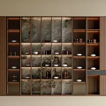Modern Wooden Tea Cabinet with Marble Backdrop Layered Shelves and Tea Sets