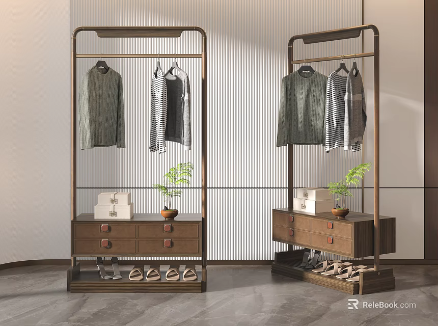Traditional Chinese Hanger Racks With Clothes Storage And Decorative Plants 3d model 