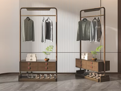 Traditional Chinese Hanger Racks With Clothes Storage And Decorative Plants 3d model