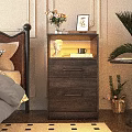 Cozy Bedroom Wooden Nightstand With Drawers Statue Mug Books Picture Frame And Vase Warm Lighting