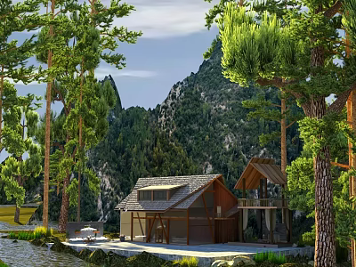 Rustic Ancient Architecture Traditional Wooden Houses Amidst Forest Mountains And River 3d model
