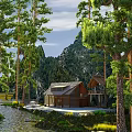 Rustic Ancient Architecture Traditional Wooden Houses Amidst Forest Mountains And River