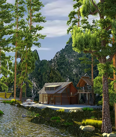 Rustic Ancient Architecture Traditional Wooden Houses Amidst Forest Mountains And River 3d model