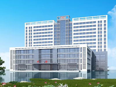 Modern Hospital Building With Tall Glass Facade Multiple Floors Green Surroundings And Water Reflection 3d model