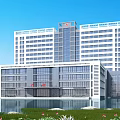 Modern Hospital Building With Tall Glass Facade Multiple Floors Green Surroundings And Water Reflection