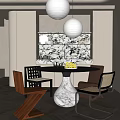 Modern Restaurant Interior With Round Marble Table White Spherical Pendant Lights And Patterned Wall 3d model