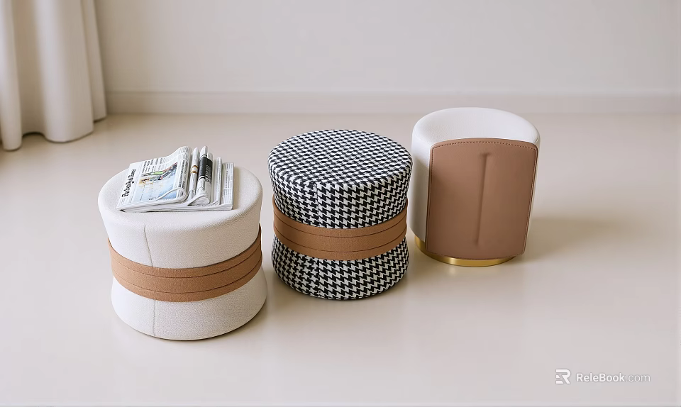 Stylish Modern Stools With Houndstooth Pattern Leather Accents And White Brown Tones 3d model 