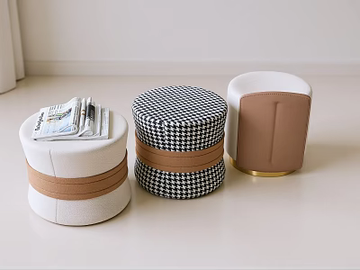 Stylish Modern Stools With Houndstooth Pattern Leather Accents And White Brown Tones 3d model