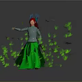 Game Movie Character With Red Hair Red Horns Silver Armor Green Dress Flying Green Leaves