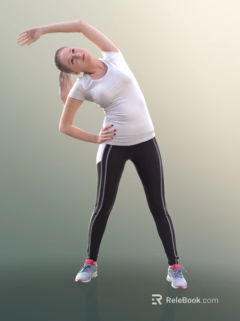 Woman Doing Side Stretch Wearing White T Shirt And Black Leggings With White Stripes 3d model 