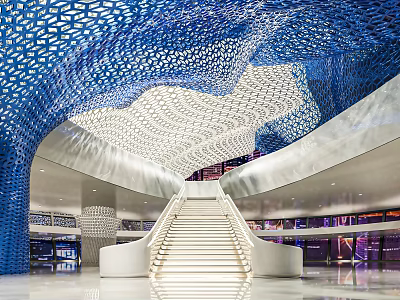 Modern Shop Front Desk Area With Blue Perforated Ceiling White Staircase And Lighting 3d model