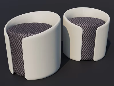 Pair of Modern Round Stools With White Frame And Checkered Purple Seats 3d model