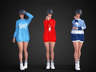 Women in different colored sweaters with LUCKY print skull pattern shorts white sneakers striped socks 3d model